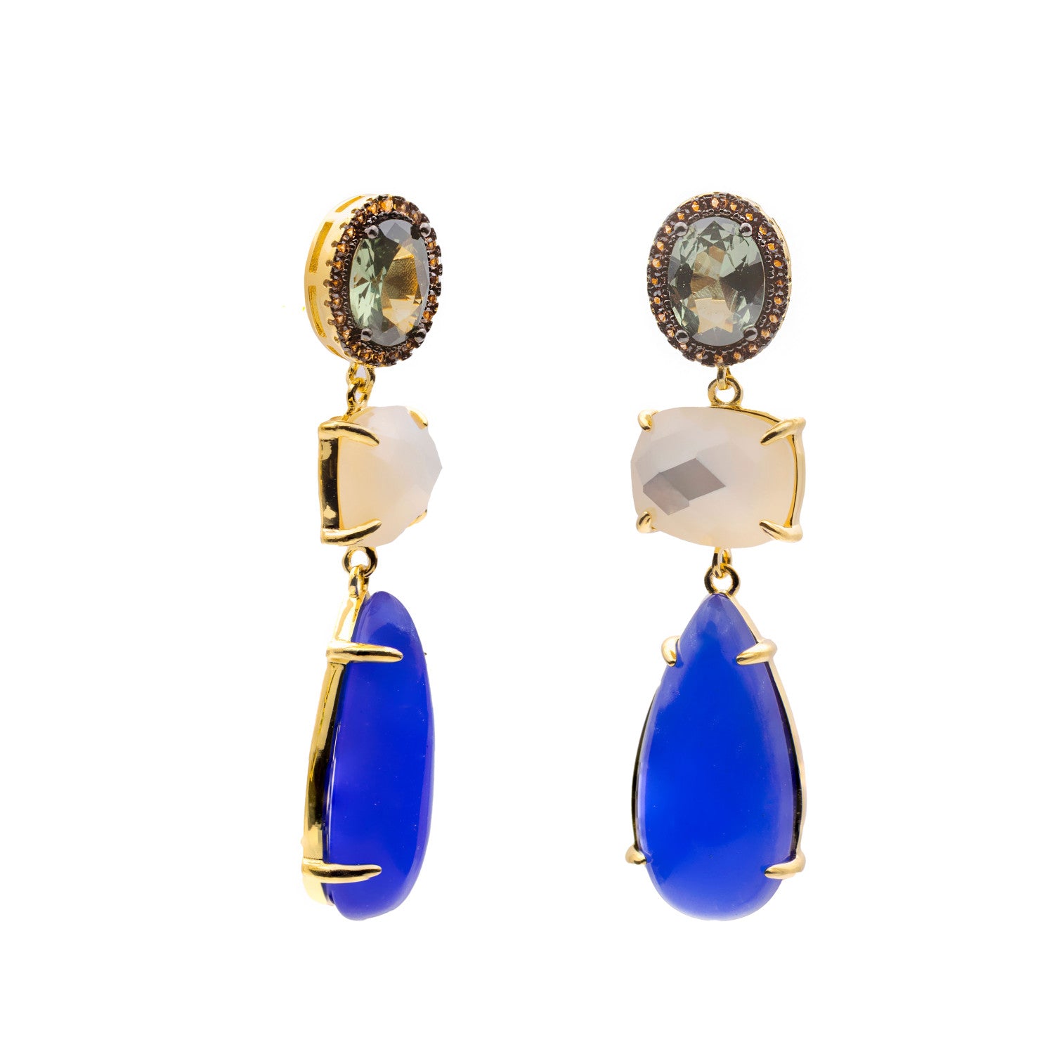 Pendientes largos de plata dorados con piedra azul  blanca y verde | estilo joya statement