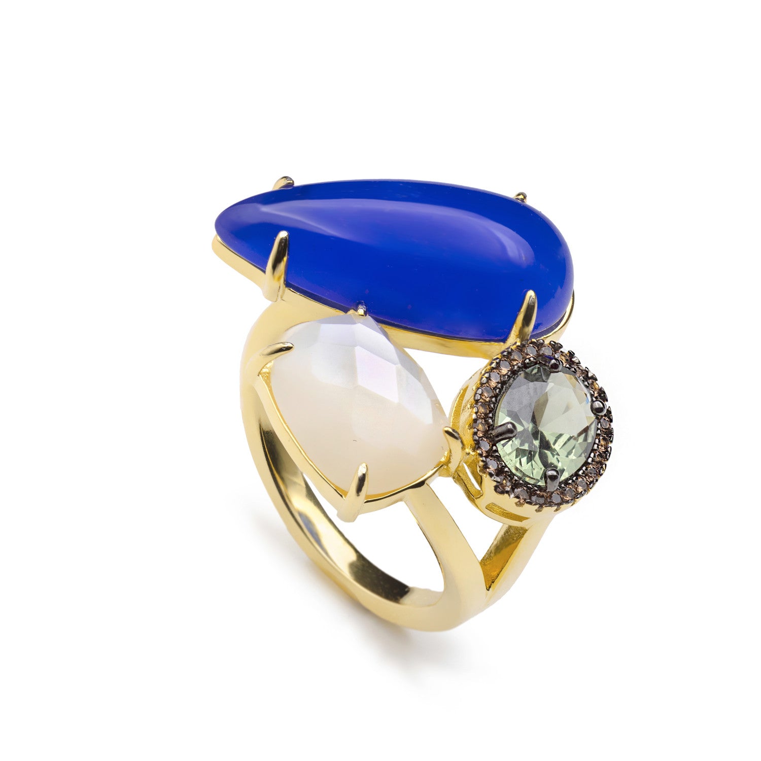 Anillo de plata dorado con piedra azul cabujón y detalle verde | anillo statement