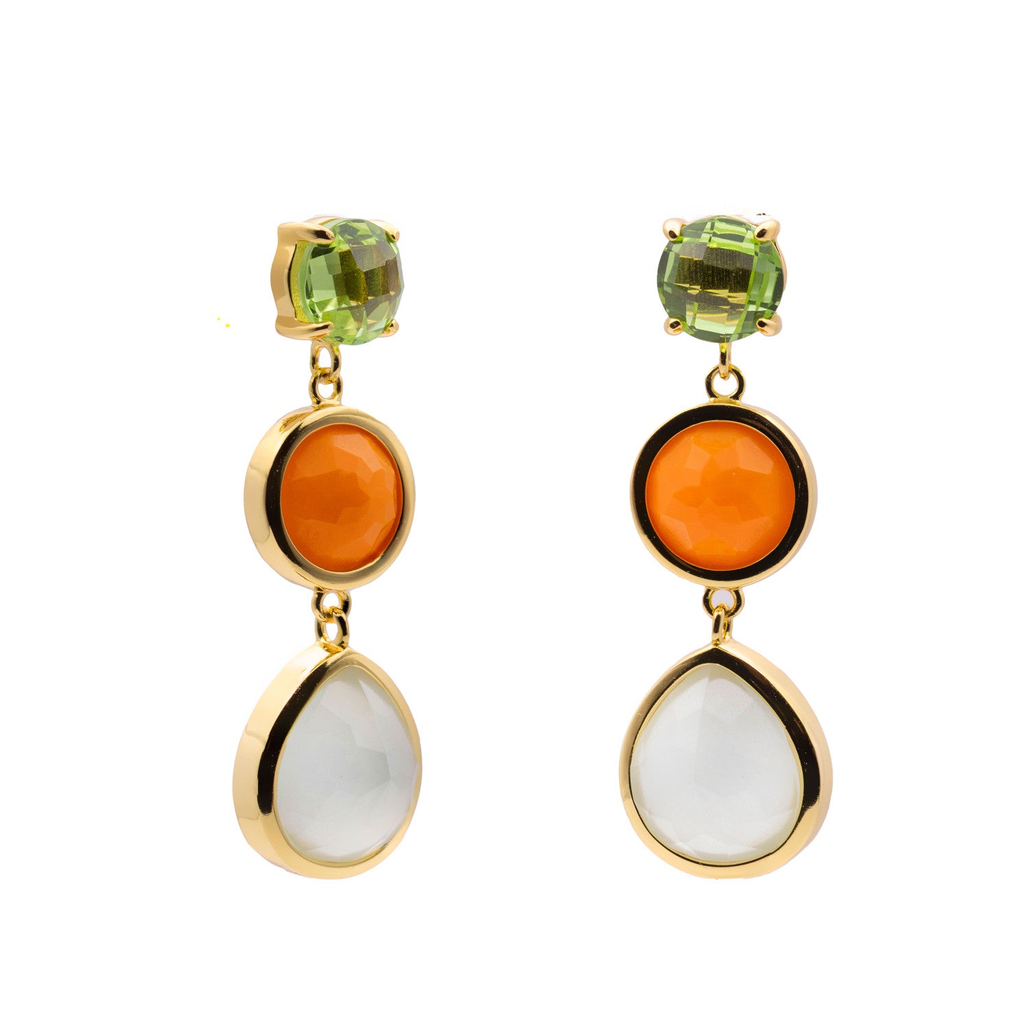 Pendientes largos de plata bañado en oro con piedras verde  naranja y blanca