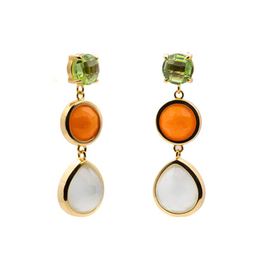 Pendientes largos de plata bañado en oro con piedras verde  naranja y blanca