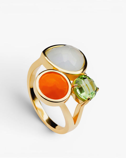 Gold-plated silver ring with three stones: green, orange, and white