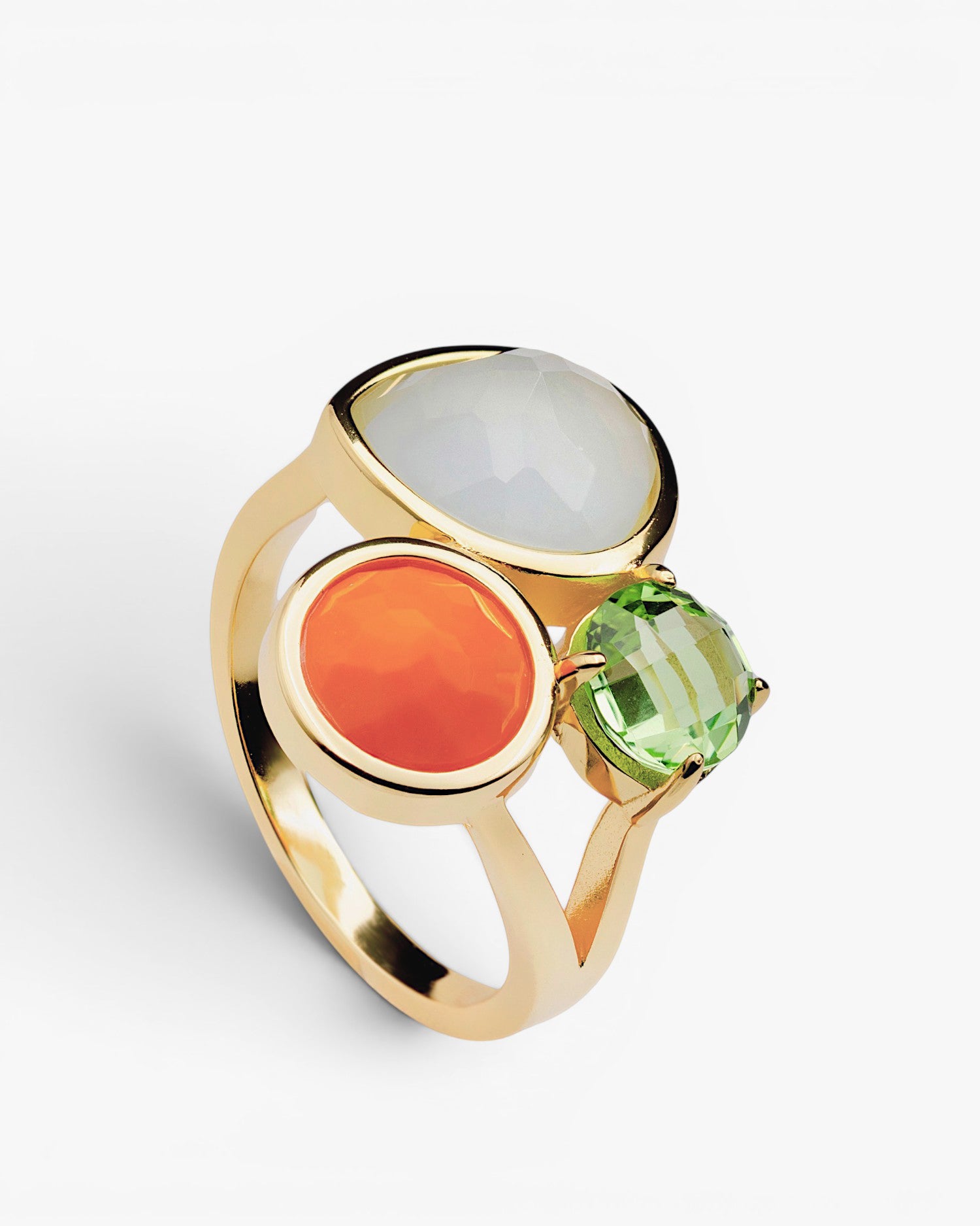Gold-plated silver ring with three stones: green, orange, and white