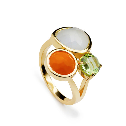 Anillo de plata bañado en oro con tres piedras: verde  naranja y blanca