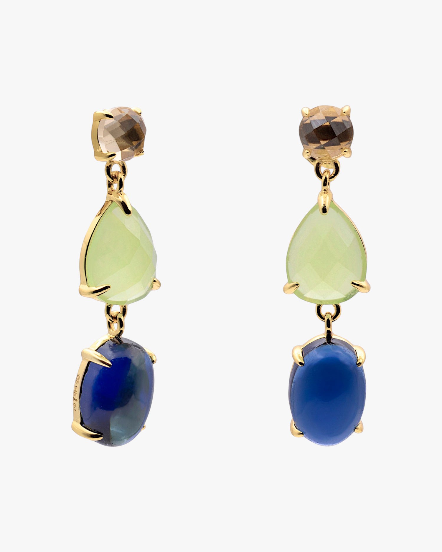 Boucles d'oreilles longues en argent plaqué or avec pierres vert lime et bleu cobalt