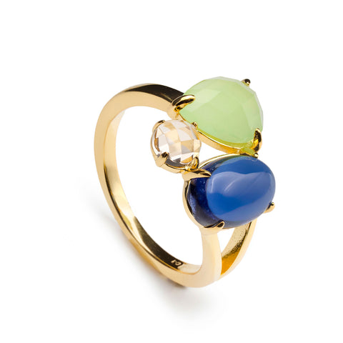Anillo de plata bañada en oro con piedras de colores verde lima  champagne y azul cobalto