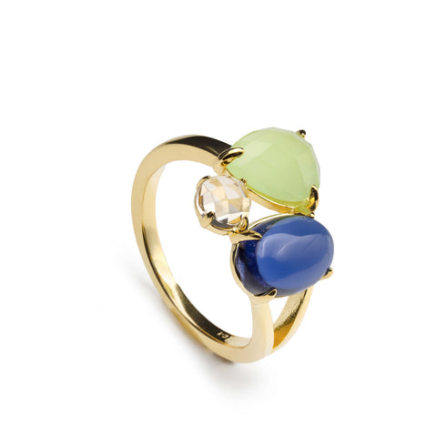 Anillo de plata bañada en oro con piedras de colores verde lima  champagne y azul cobalto