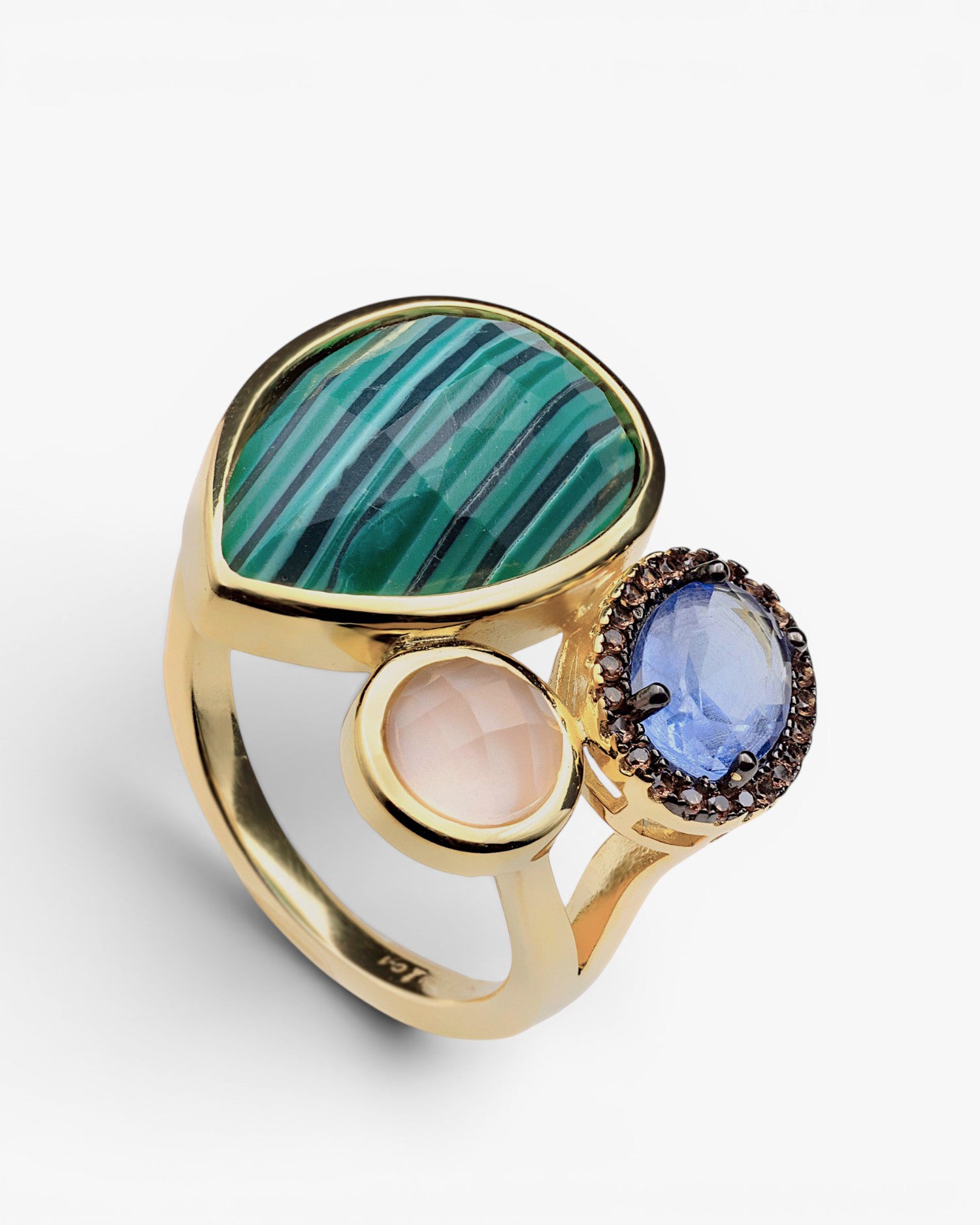 Silver ring with malachite, rose quartz, and blue crystal with a gold-finish halo