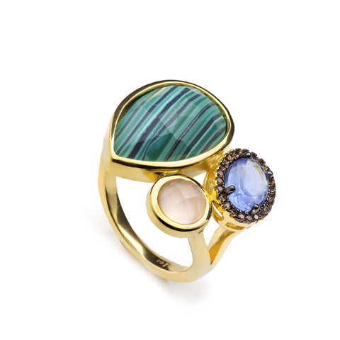 Anillo de plata con malaquita  cuarzo rosa y cristal azul con halo en acabado dorado
