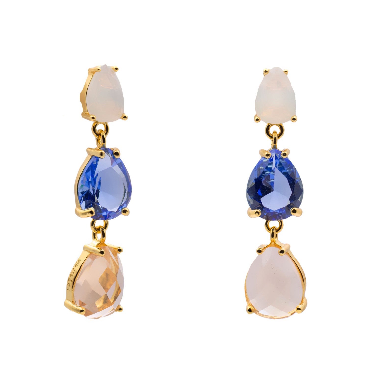Pendientes largos de plata bañada en oro con piedras multicolor azul  blanco y champagne