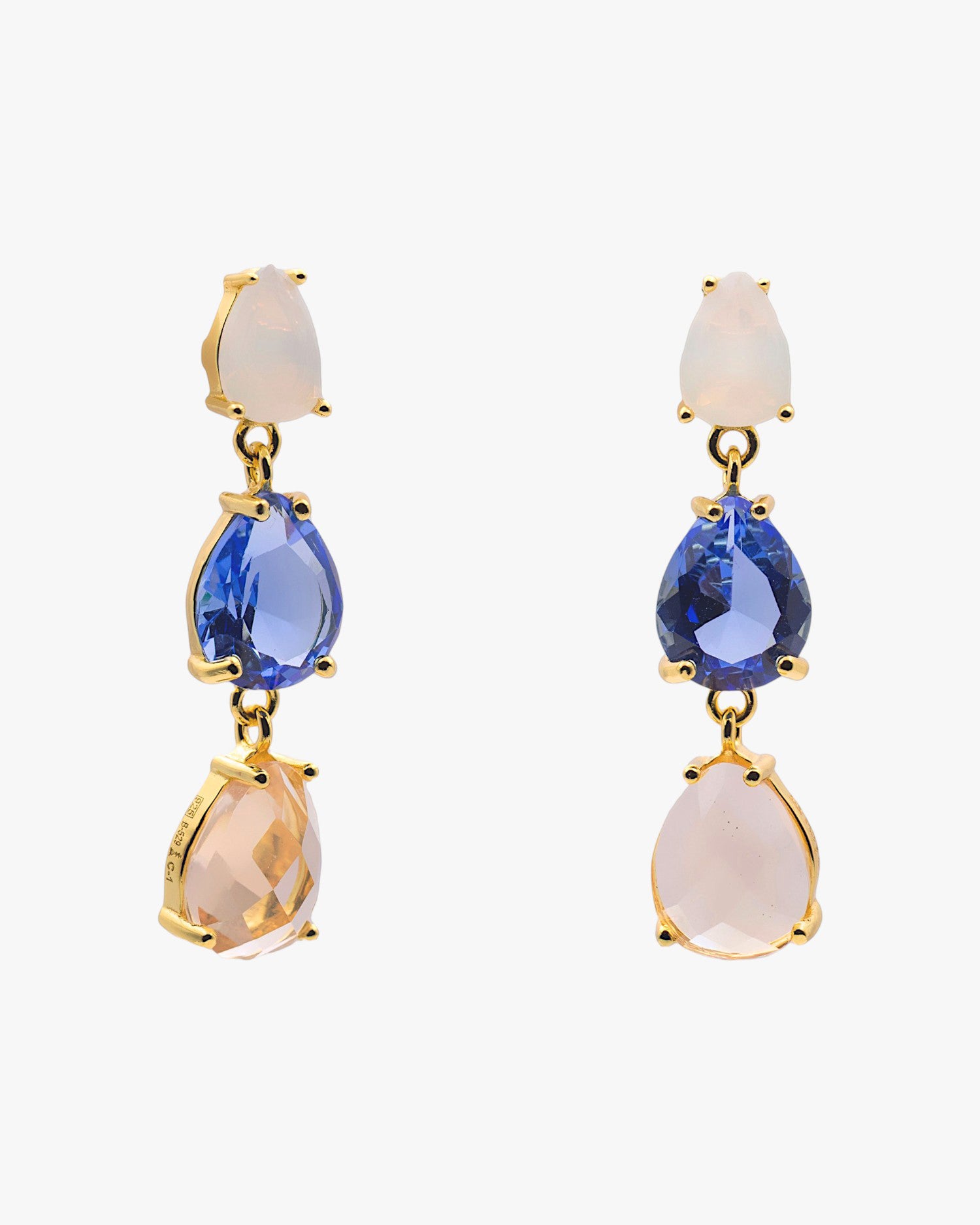 Long gold-plated silver earrings with multi-color blue, white, and champagne stones