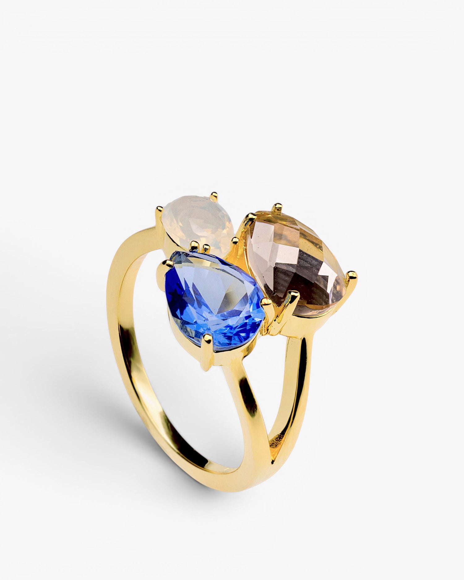 Gold-plated silver ring with triple blue, white, and champagne stones