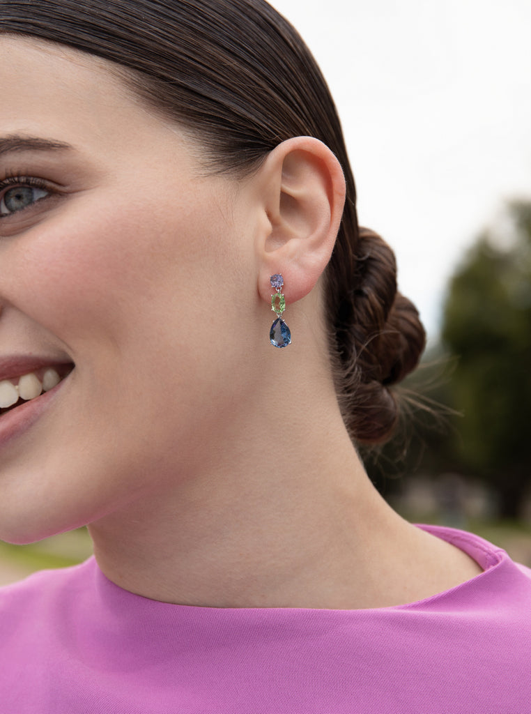 Pendientes largos tricolor en gota de plata tono azul