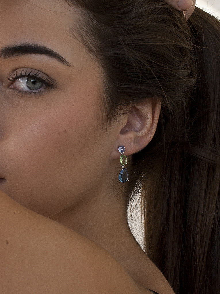 Pendientes largos tricolor en gota de plata tono azul