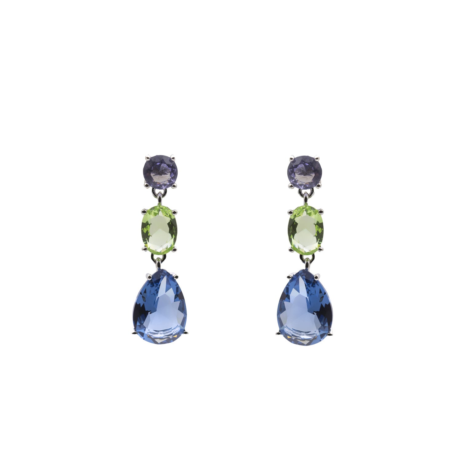 Pendientes largos tricolor en gota de plata tono azul