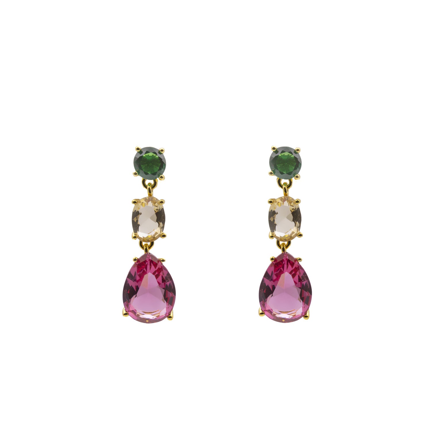 Pendientes largos tricolor fucsia en plata dorada