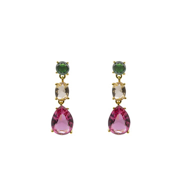 Pendientes largos tricolor fucsia en plata dorada