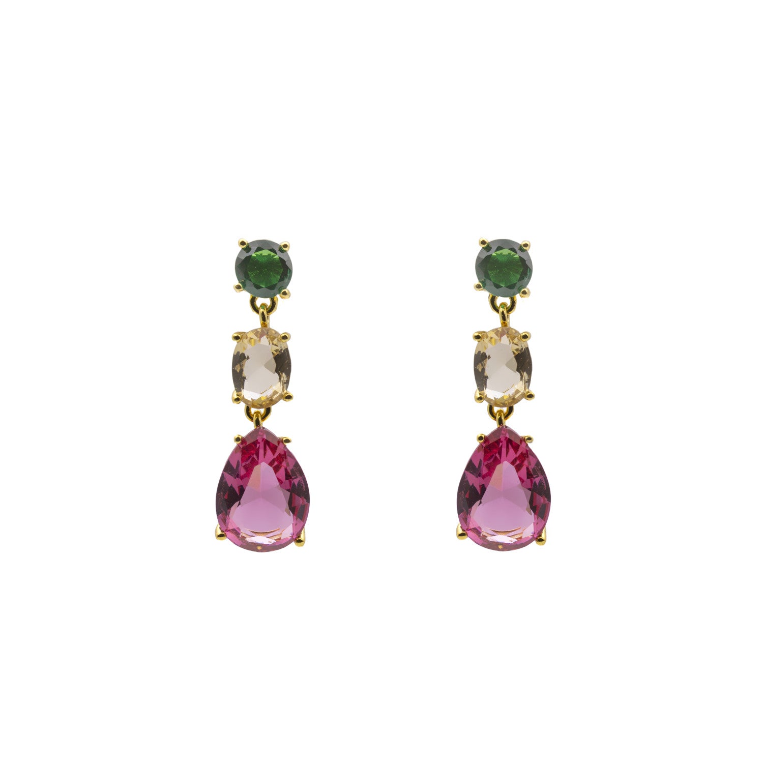 Pendientes largos tricolor fucsia en plata dorada