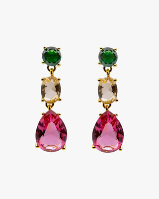 Pendientes largos tricolor fucsia en plata dorada