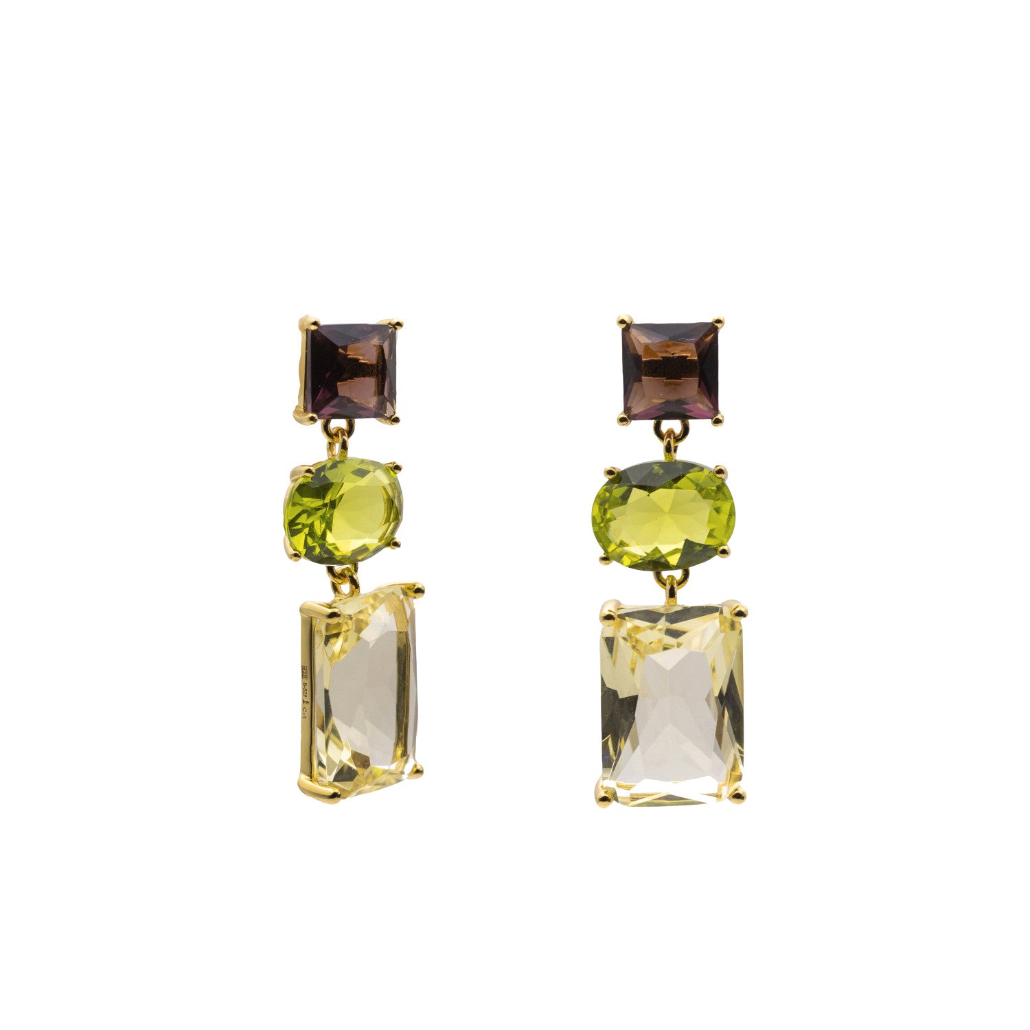 Pendientes de plata con acabado dorado y piedras en tonos oliva  humo y champán