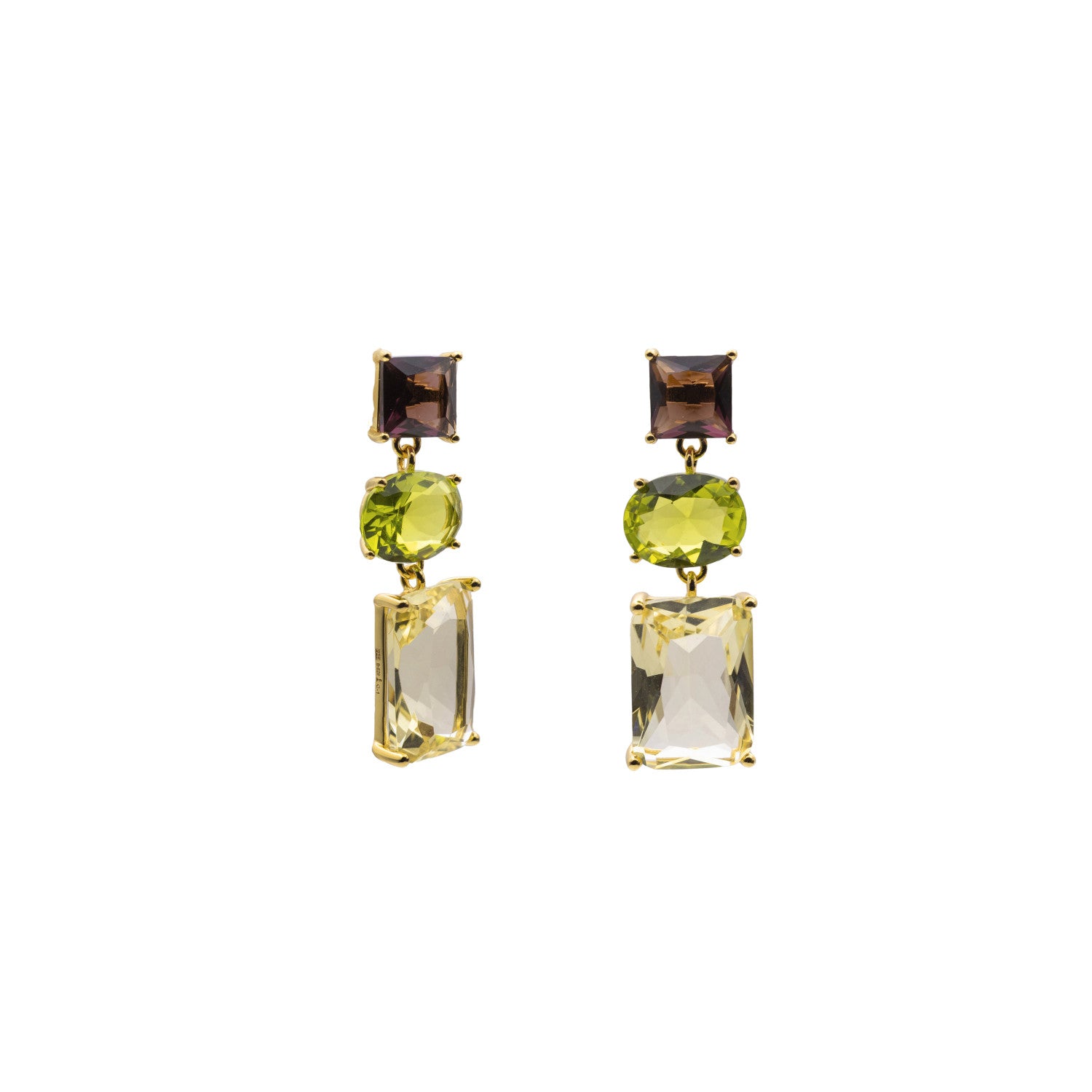 Pendientes de plata con acabado dorado y piedras en tonos oliva  humo y champán