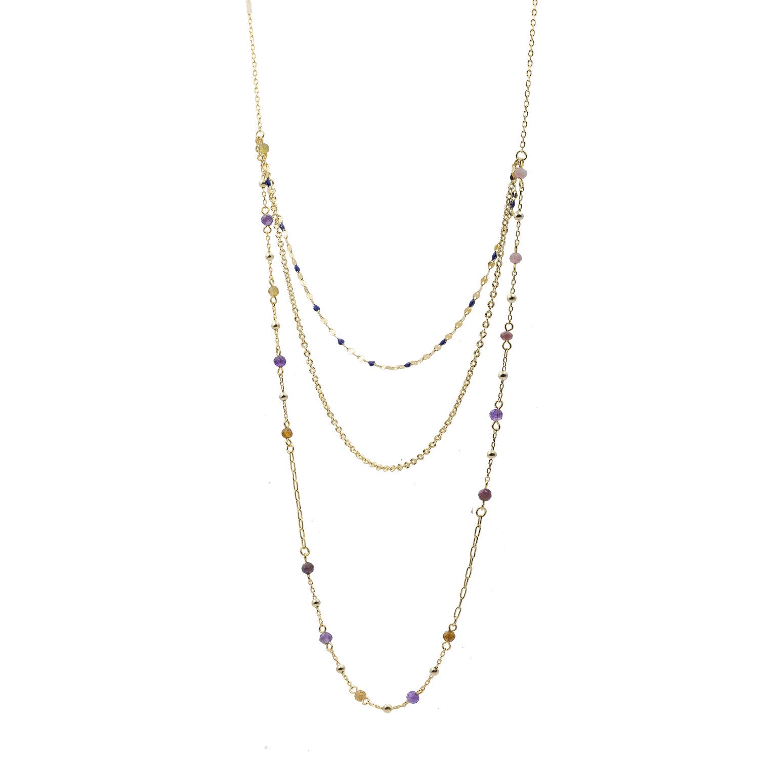 Collar multicapa lavanda de plata bañada en oro con piedras