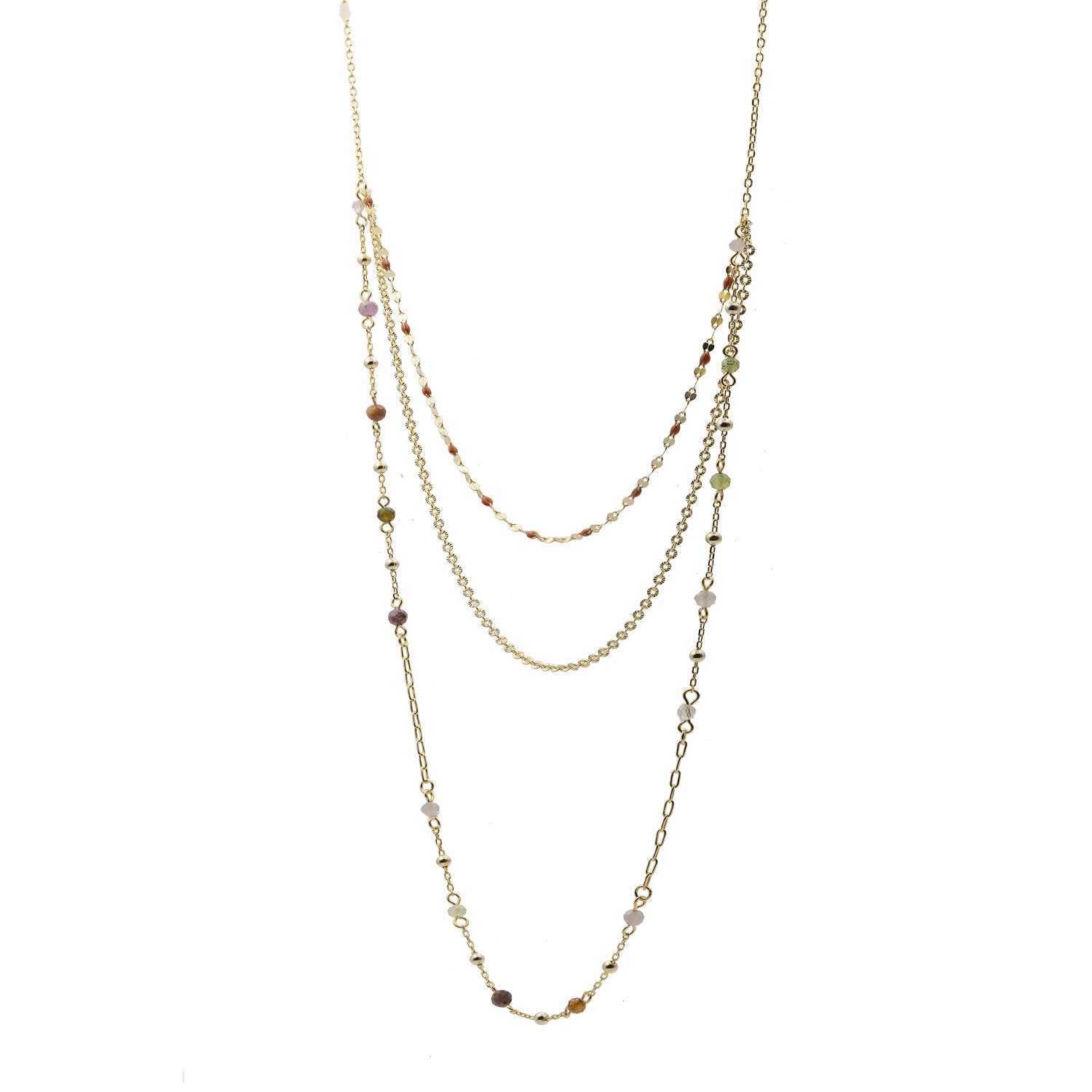 Collar multicapa tierra de plata bañada en oro con piedras multicolor