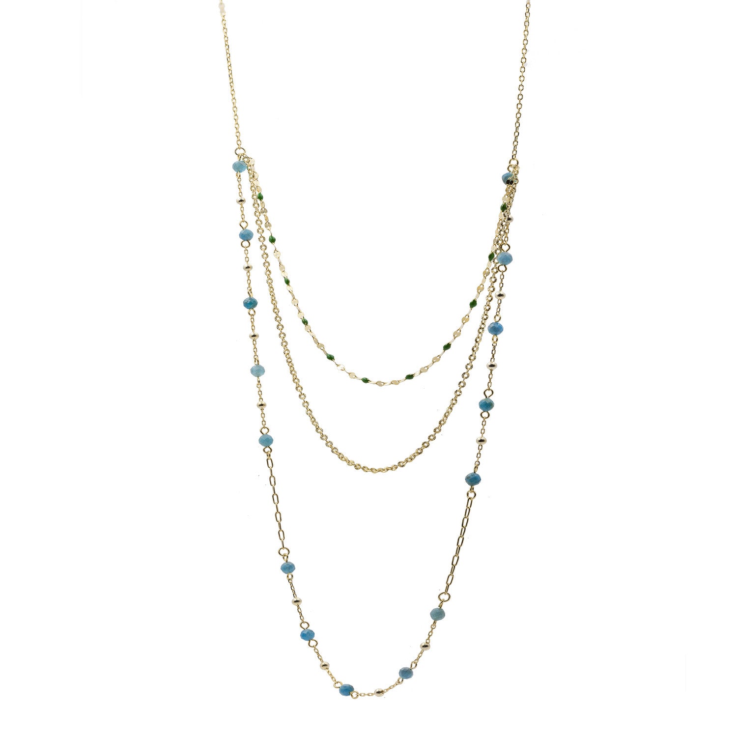 Collar multicapa turquesa de plata bañada en oro con piedras azules y verdes