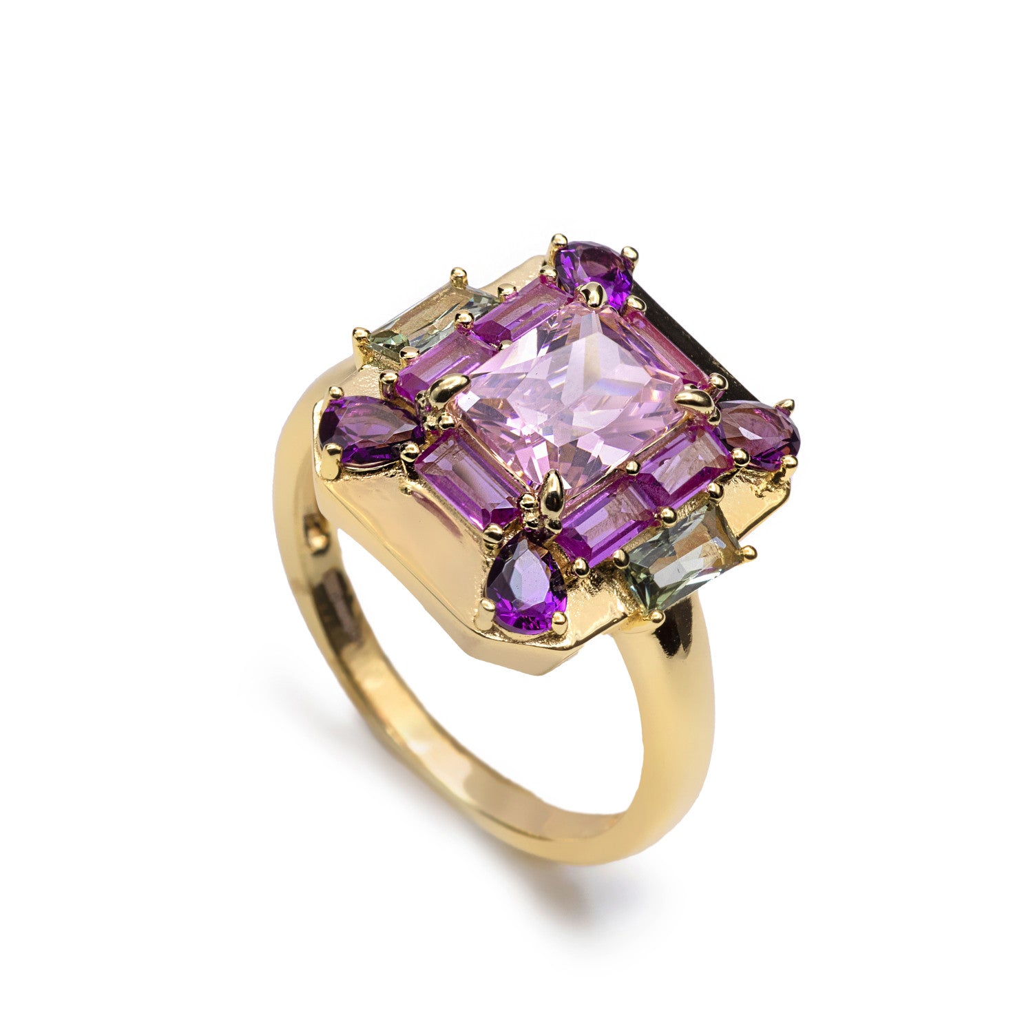 Anillo con piedras multicolor rosa en plata bañada en oro