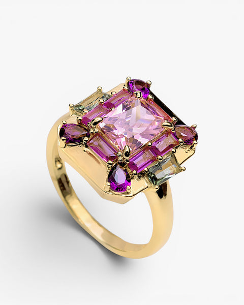 Rose multi-gemstone ring in gold-plated silver