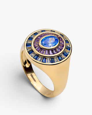 Anillo sello halo azul en plata bañada en oro con circonitas