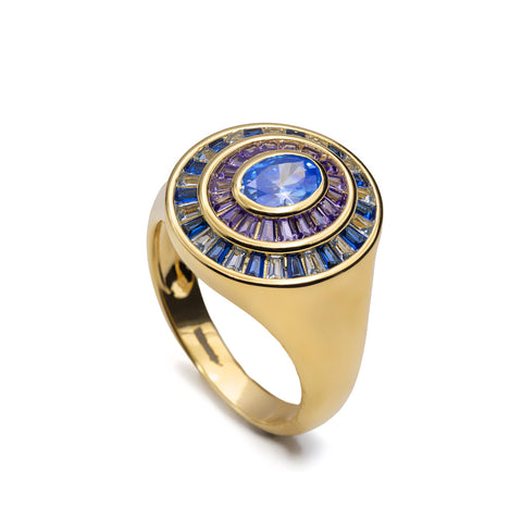 Anillo sello halo azul en plata bañada en oro con circonitas