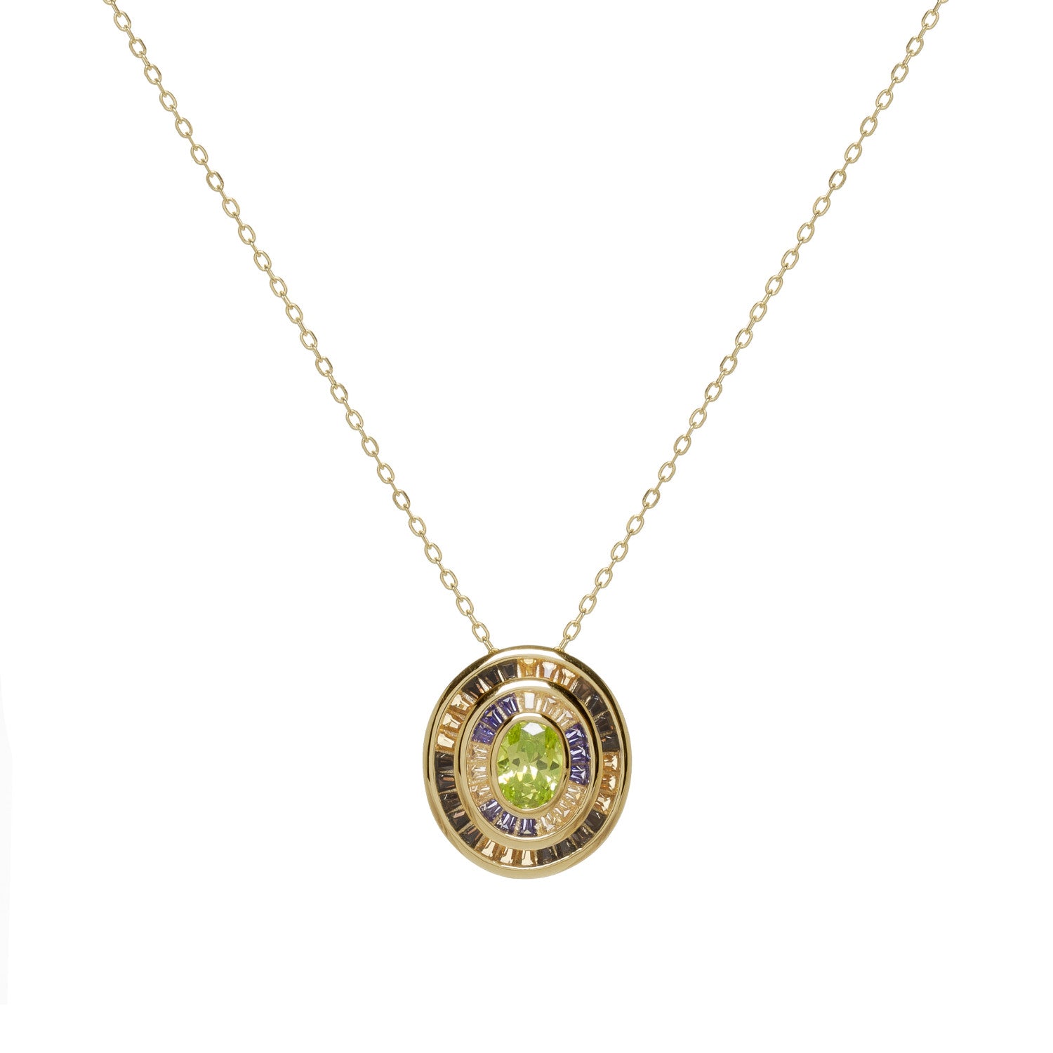 Collar con colgante halo circular y circonitas verdes con toques cálidos. plata bañada en oro para iluminar cualquier outfit.