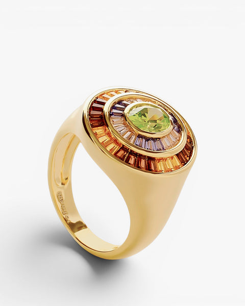 Anillo sello halo verde en plata bañada en oro con circonitas