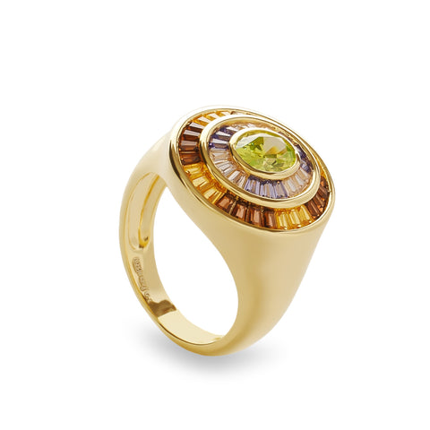 Anillo sello halo verde en plata bañada en oro con circonitas
