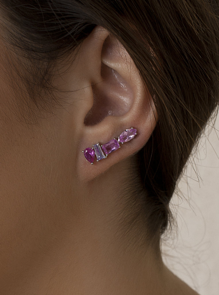 Pendientes trepadores de plata con piedras rosas y lilas