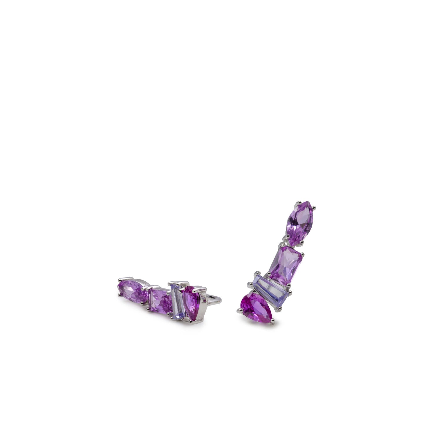 Pendientes trepadores de plata con piedras rosas y lilas