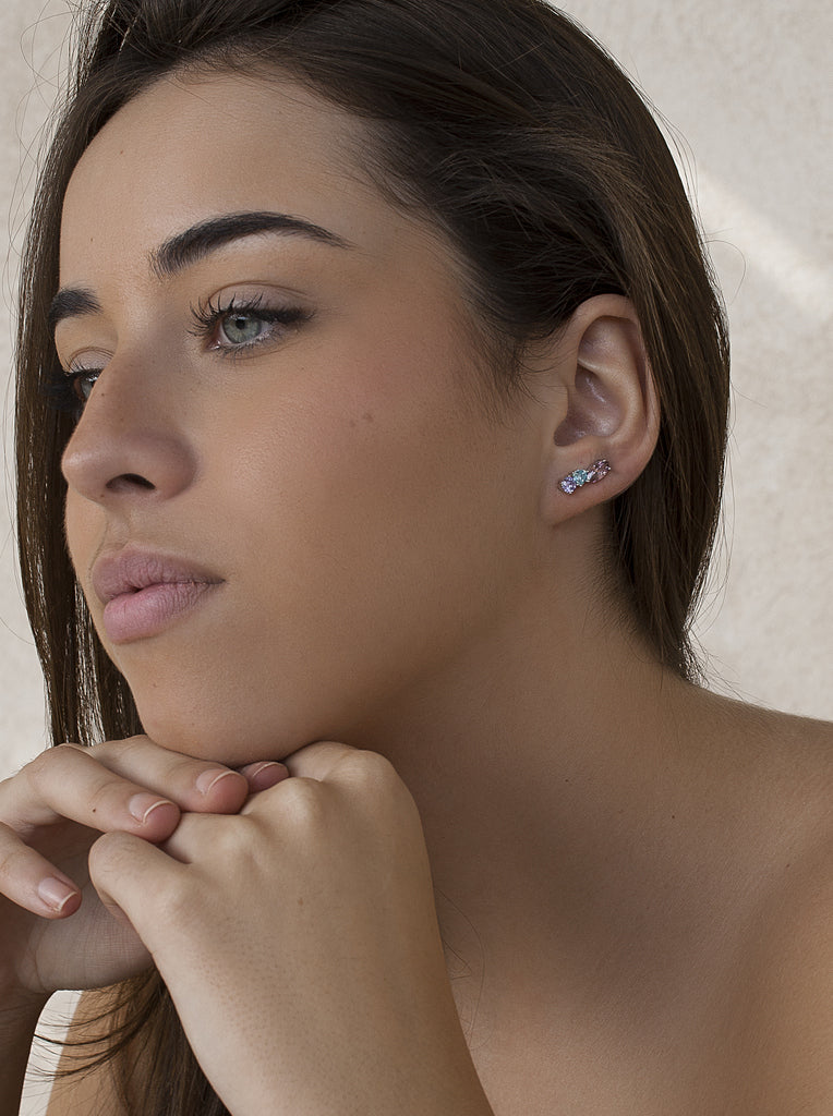 Pendientes trepadores de plata y piedras rosas y lilas