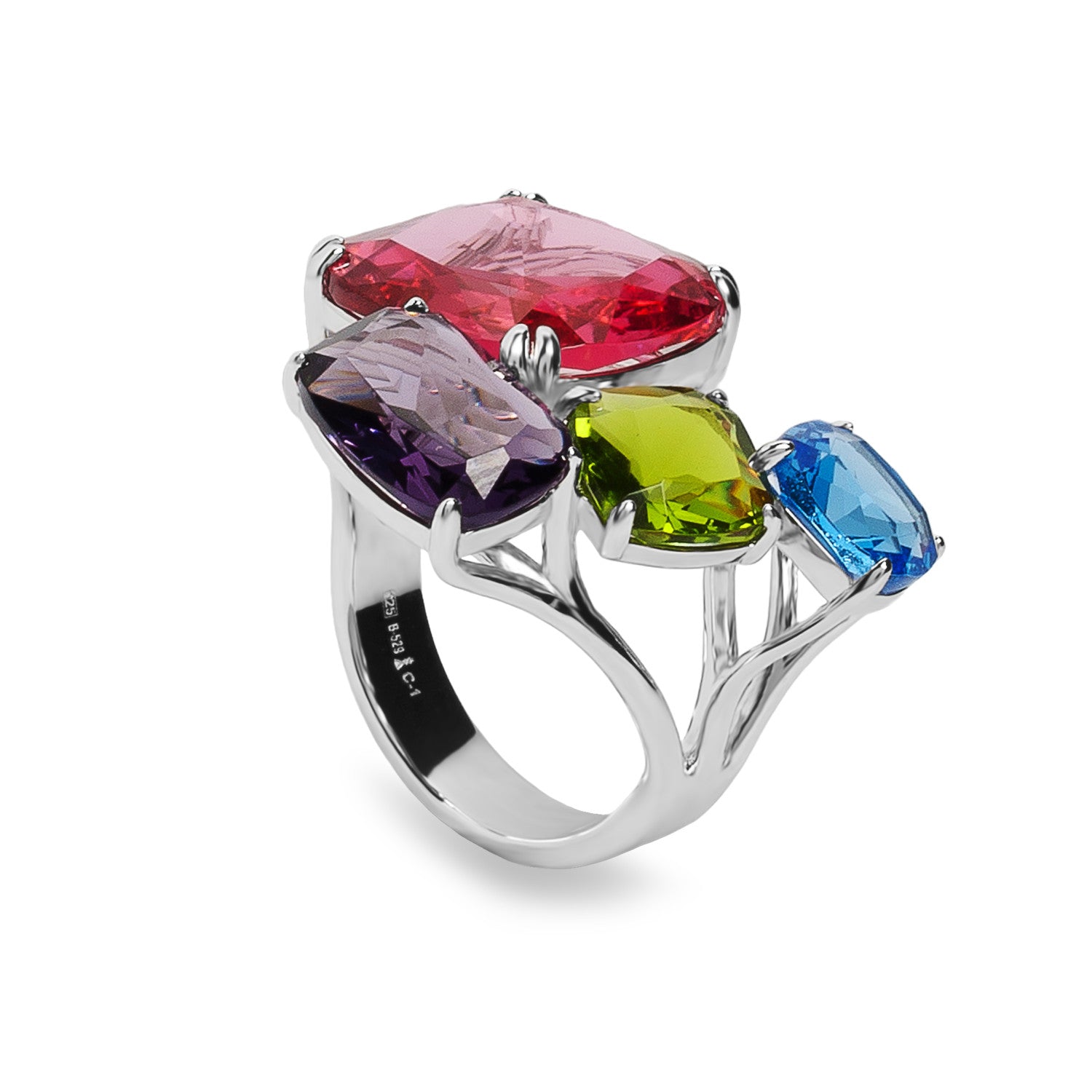 Anillo abierto de plata con piedras fucsia  lila  verde y turquesa