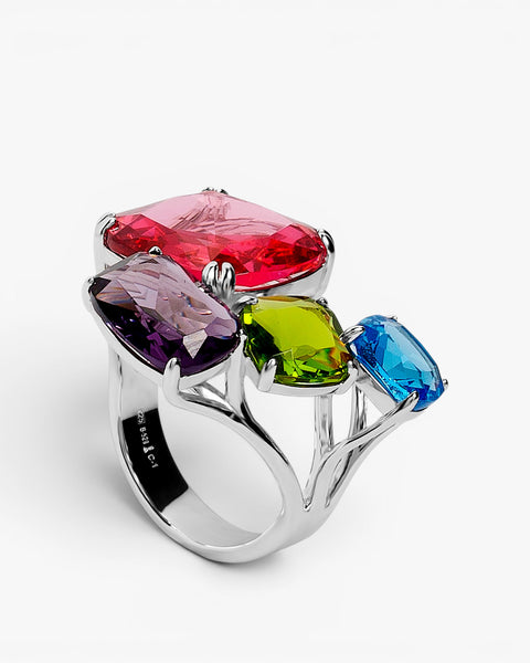 Anillo abierto de plata con piedras fucsia  lila  verde y turquesa