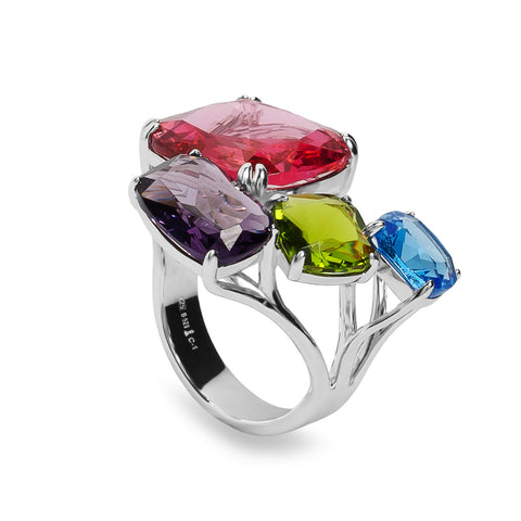 Anillo abierto de plata con piedras fucsia  lila  verde y turquesa