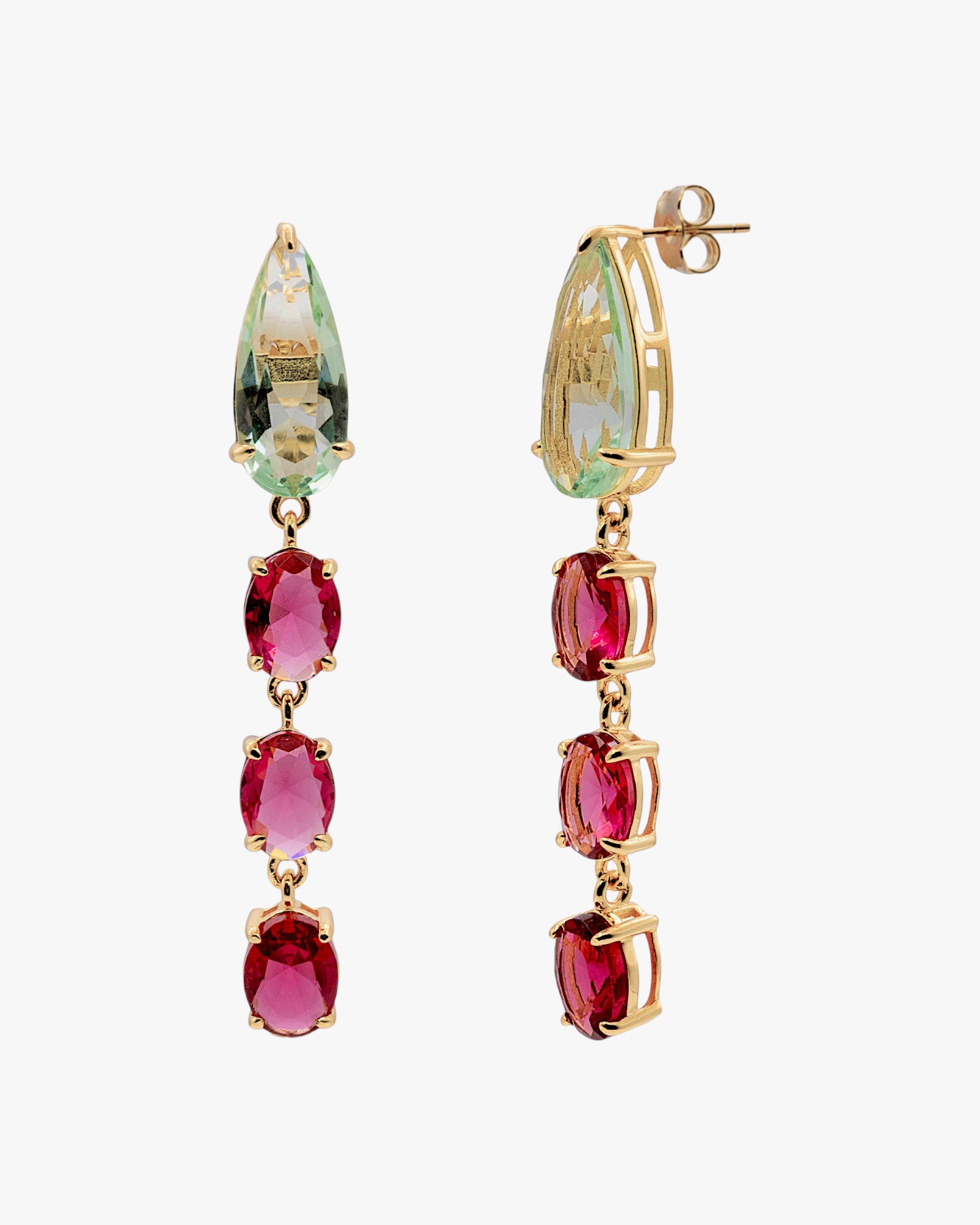 Gold-plated sterling silver long earrings with green and fuchsia stones