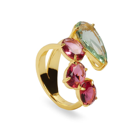 Anillo de plata bañada en oro con piedras verdes y fucsias