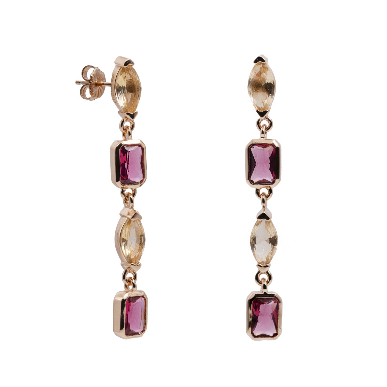 Pendientes largos de plata bañada en oro rosa con piedras rosa frambuesa y champán