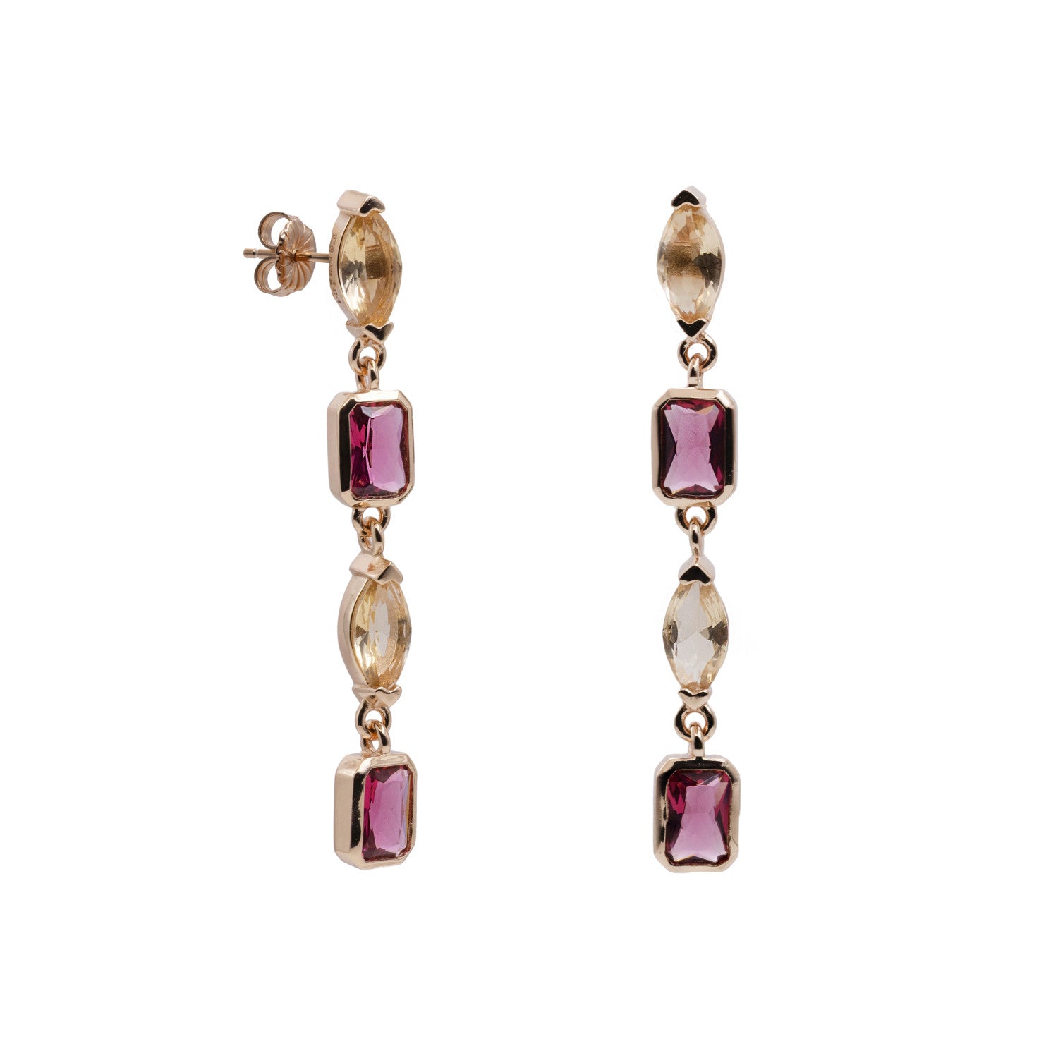 Pendientes largos de plata bañada en oro rosa con piedras rosa frambuesa y champán