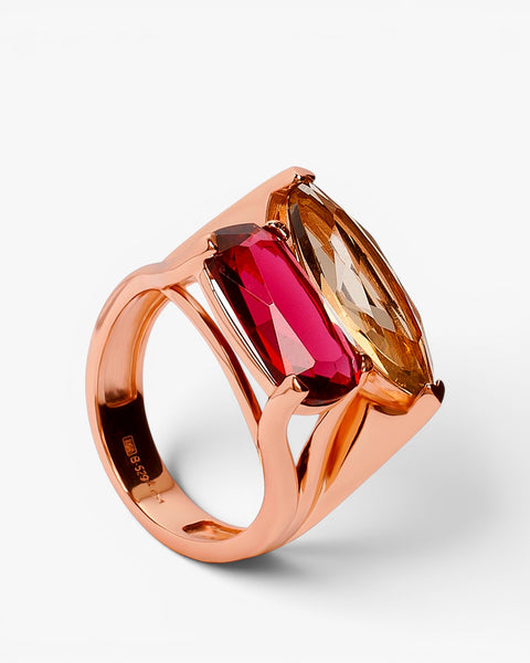 Rose gold-plated silver ring with raspberry pink and champagne stones