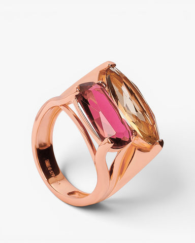 Anillo de plata bañada en oro rosa con piedras rosa frambuesa y champán