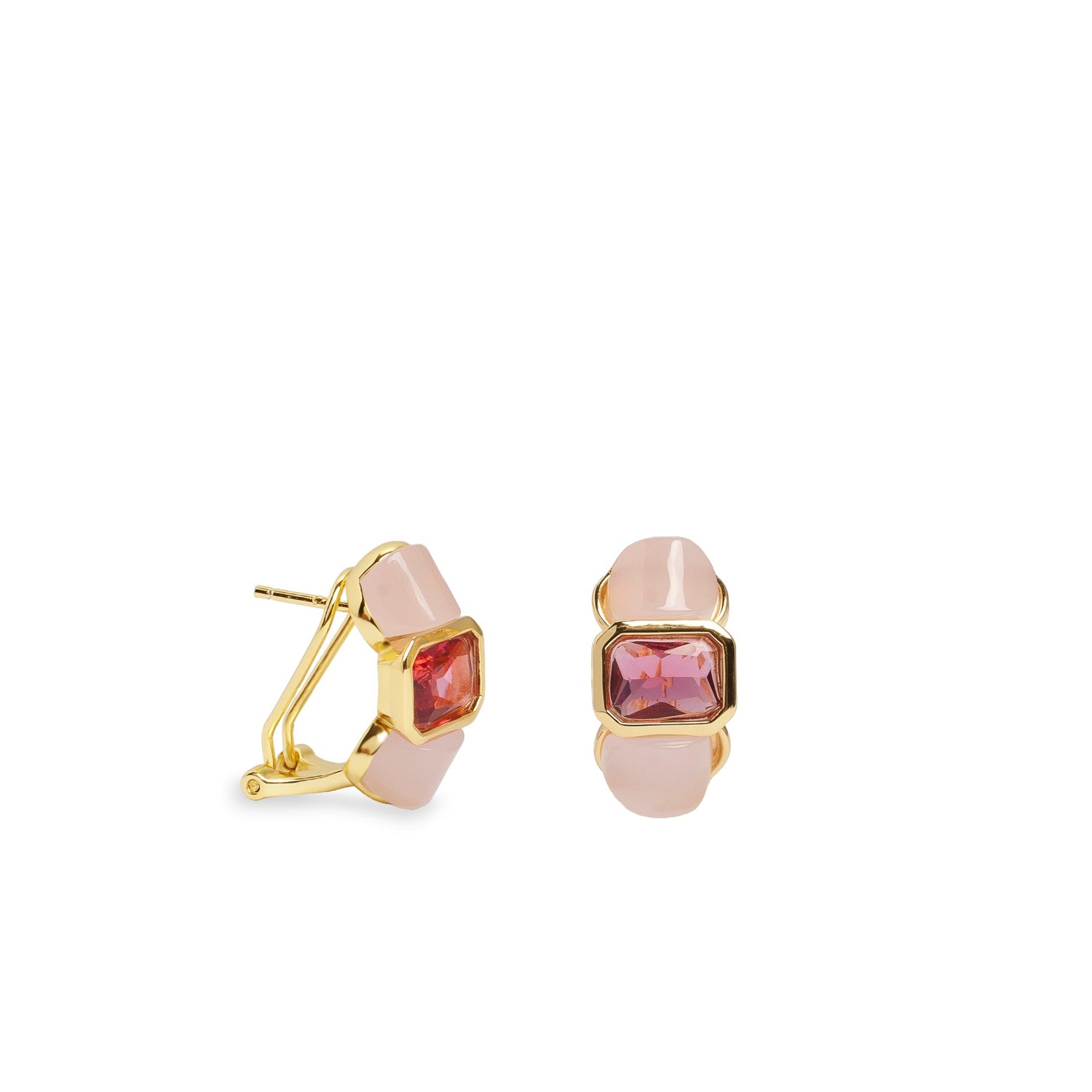 Pendientes de plata dorados con piedra rosa y ópalo