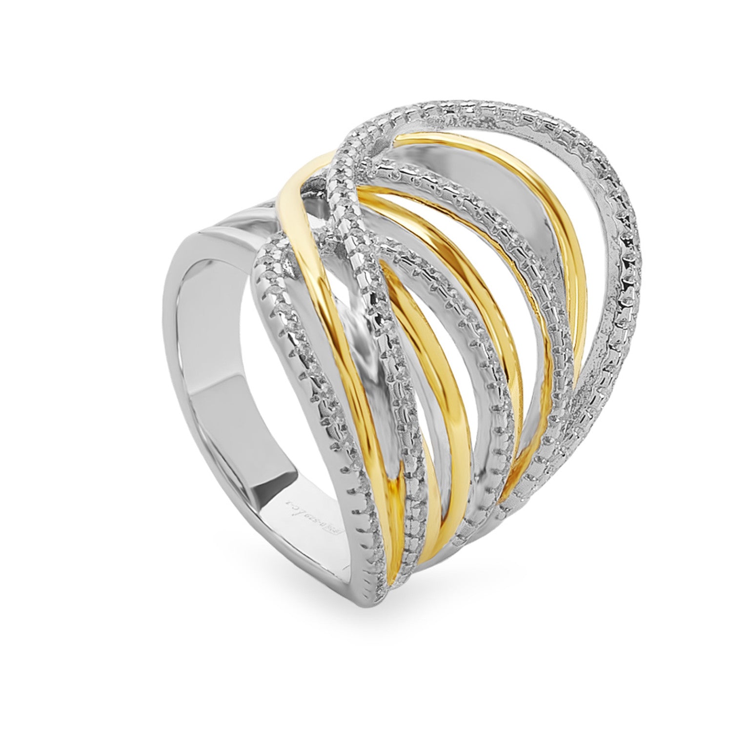 Anillo de plata bicolor con circonitas – diseño entrelazado