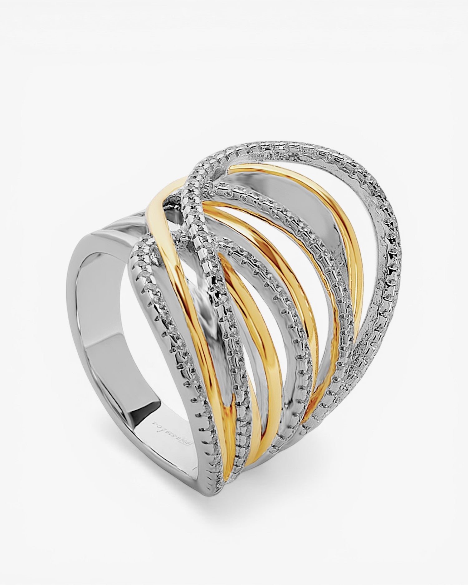 Anillo de plata bicolor con circonitas – diseño entrelazado