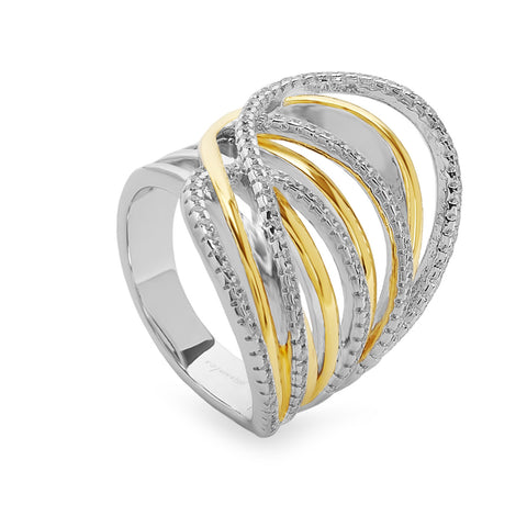 Anillo de plata bicolor con circonitas – diseño entrelazado